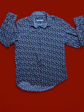 Report Collection Navy Blue Floral Print Long-Sleeve Dress Shirt